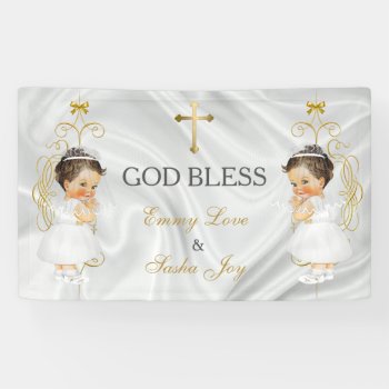 Baby Girl Twins Baptism Christening Gold Banner by HydrangeaBlue at Zazzle