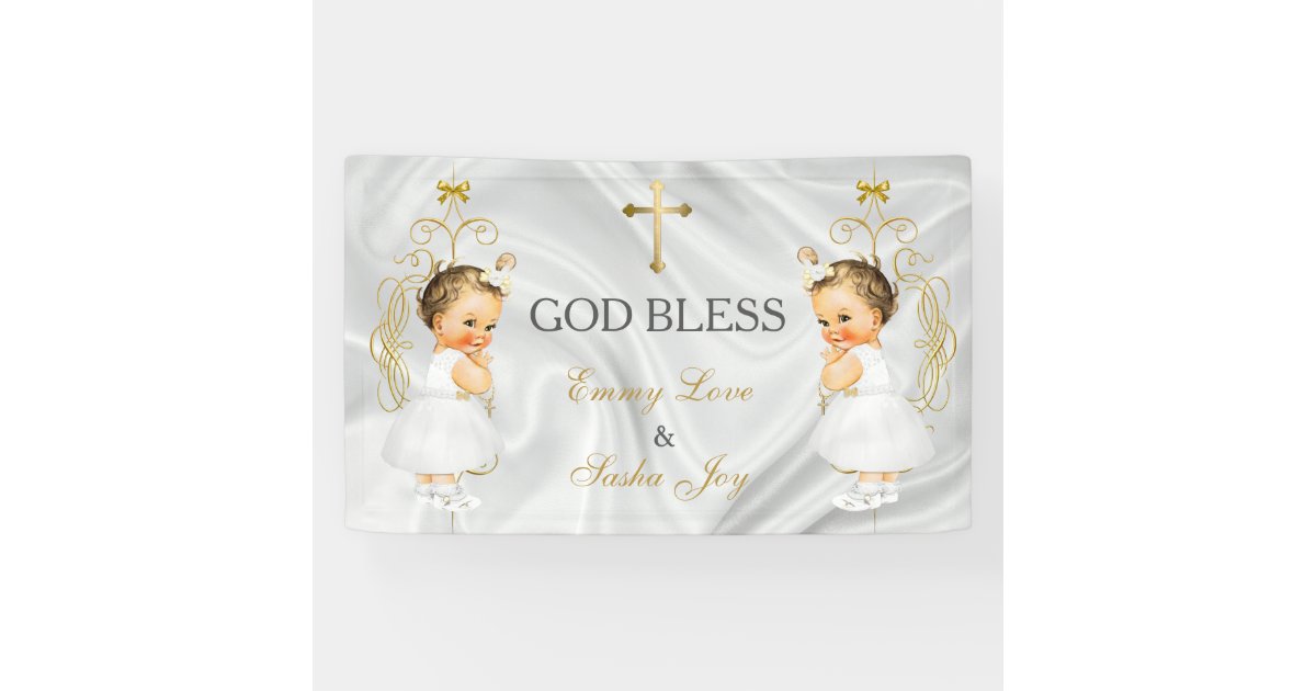 Baby Girl Twins Baptism Christening Gold Banner | Zazzle.com