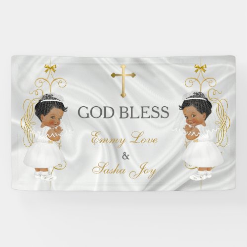 Baby Girl Twins Baptism Christening Gold Ethnic Banner