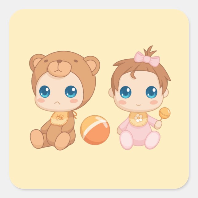 Baby Girl Twins Bear Jumpsuit 2 on Yellow Square Sticker (Front)