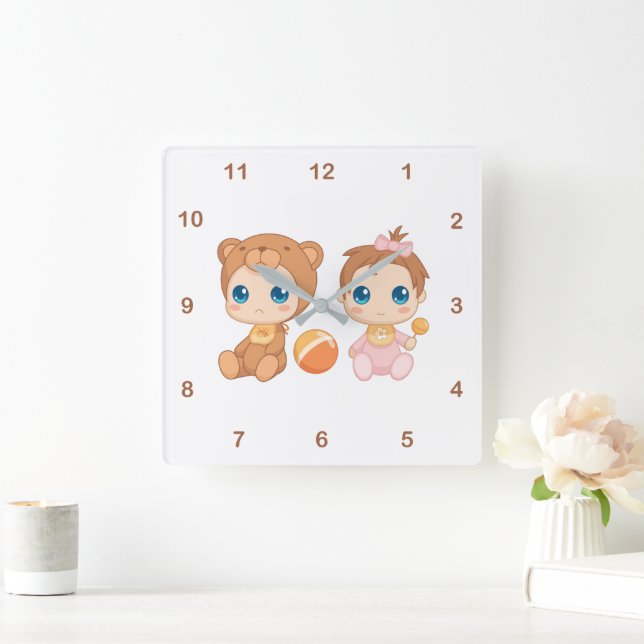 Baby Girl Twins Bear Jumpsuit 2 Square Wall Clock (Home)