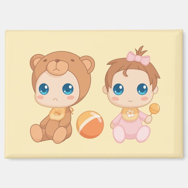 Baby Girl Twins Bear Jumpsuit on Yellow Magnet (Front)