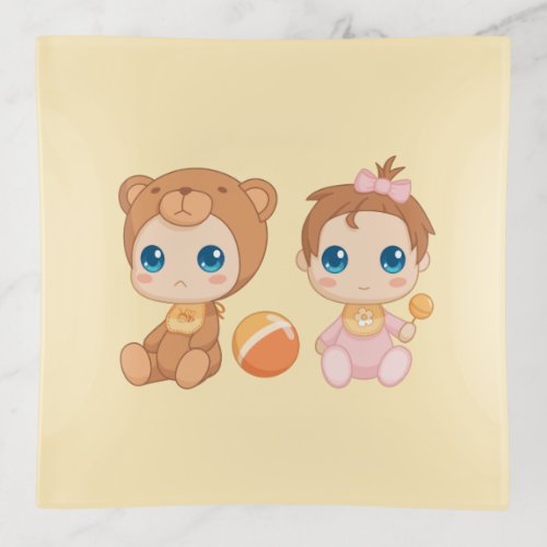 Baby Girl Twins Bear Jumpsuit on Yellow Trinket Tray