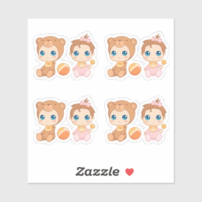 Baby Girl Twins Bear Jumpsuit Set of 4 Sticker (Sheet)