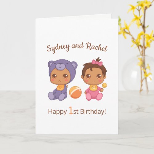 Baby Girl Twins First Birthday Names Blank 2 Card