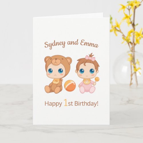 Baby Girl Twins First Birthday Names Blank Card