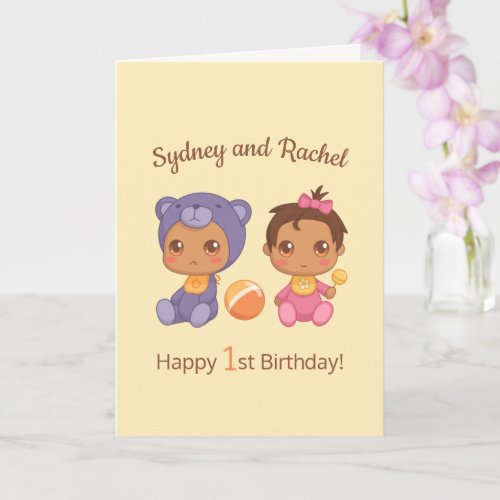 Baby Girl Twins First Birthday Yellow Blank 2 Card