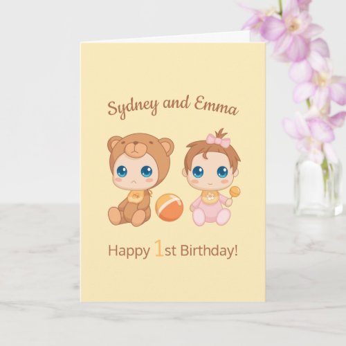 Baby Girl Twins First Birthday Yellow Blank Card