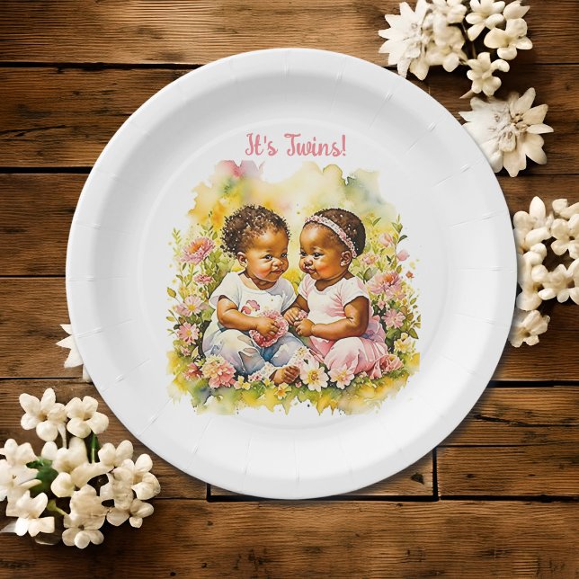 Baby Girl Twins of Color Baby Shower Paper Plates (Creator Uploaded)