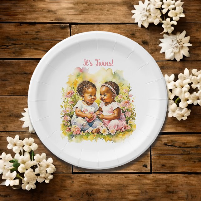 Baby Girl Twins of Color Baby Shower Paper Plates (Creator Uploaded)