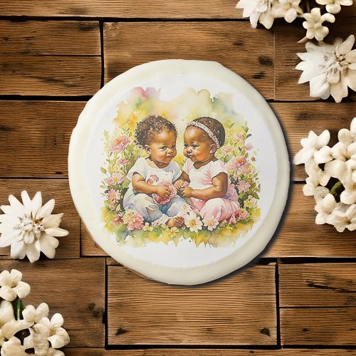 Baby Girl Twins of Color Baby Shower Sugar Cookie