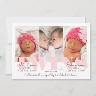 Baby Girl Twins Pretty in Pink Birth Announcement