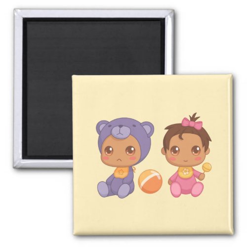 Baby Girl Twins Purple Bear Jumpsuit on Yellow Mag Magnet
