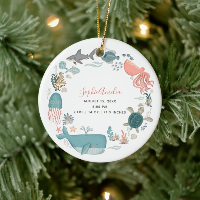 Baby Girl Under the Sea Birth Stats Keepsake Ceramic Ornament (Tree)