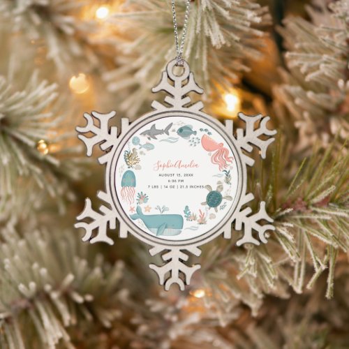 Baby Girl Under the Sea Birth Stats Keepsake Snowflake Pewter Christmas Ornament