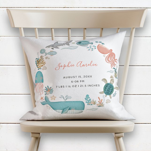 Baby Girl Under the Sea Birth Stats Keepsake Throw Pillow (Creator Uploaded)