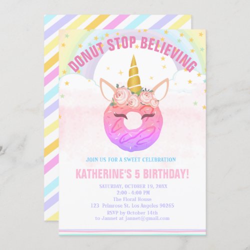 Baby Girl Unicorn Birthday Donut Stop Believing Invitation