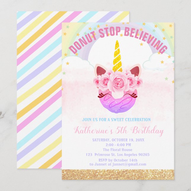 Baby Girl Unicorn Donut Stop Believing Birthday Invitation (Front/Back)