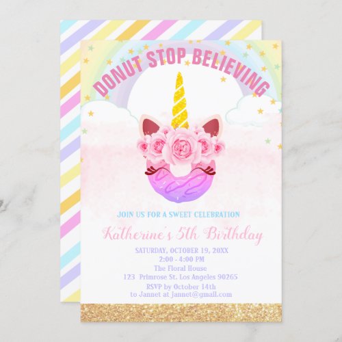 Baby Girl Unicorn Donut Stop Believing Birthday Invitation