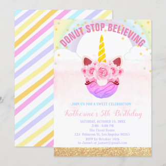 Baby Girl Unicorn Donut Stop Believing Birthday Invitation