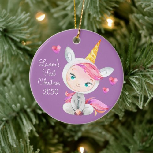 Baby Girl Unicorn First Christmas Ceramic Ornament
