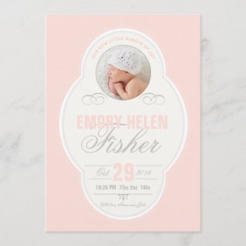 Baby Girl Vintage Frame Birth Announcement - Pink by OakStreetPress at Zazzle