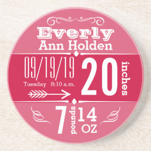 Baby Girl Vintage Modern Pink Birth Record Drink Coaster