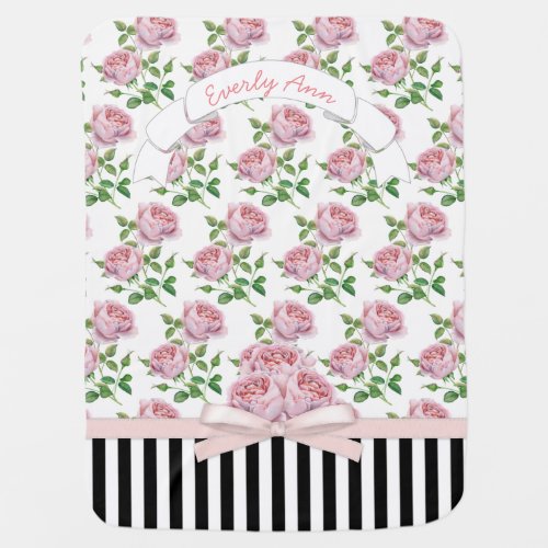 Baby Girl Vintage Pink Rose Pattern Black Stripes Baby Blanket