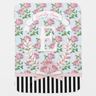 Baby Girl Vintage Pink Rose Pattern Black Stripes Blanket