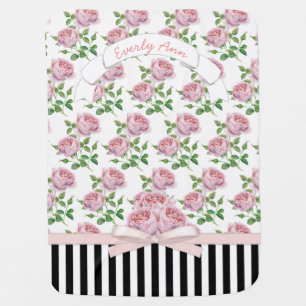 Baby Girl Vintage Pink Rose Pattern Black Stripes Blanket