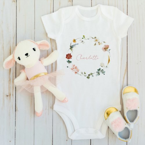 Baby Girl Watercolor Floral Name Script Baby Bodysuit
