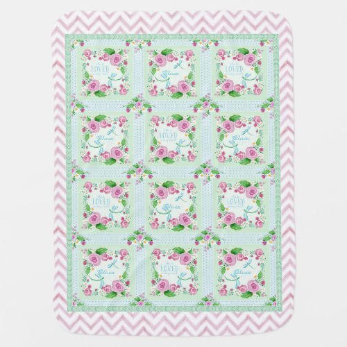 Baby Girl Watercolor Rose Dragonfly Chevron Stripe Baby Blanket