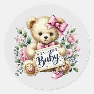 Baby girl welcome bear classic round sticker