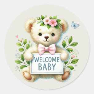 Baby girl welcome bear classic round sticker