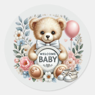 Baby girl welcome bear classic round sticker