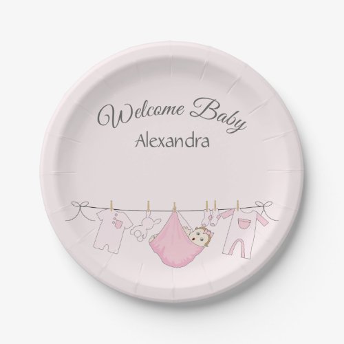 Baby Girl Welcome Shower in Pink and Gray Paper Plates