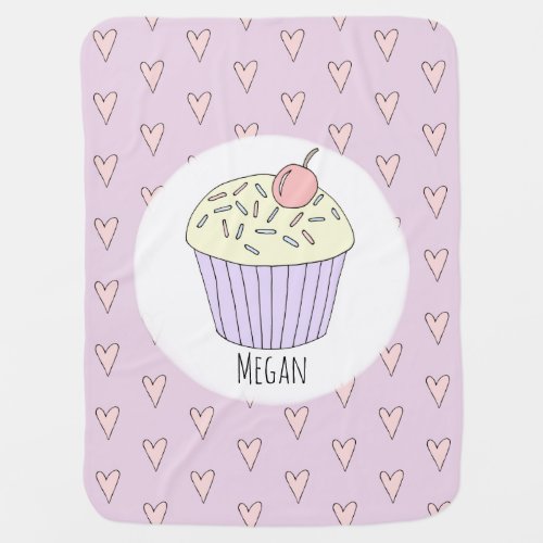 Baby Girl Whimsical Doodle Cupcake with Name Stroller Blanket