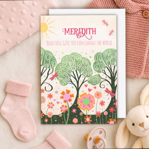 Baby Girl Whimsical Tree Custom Name Pink Card