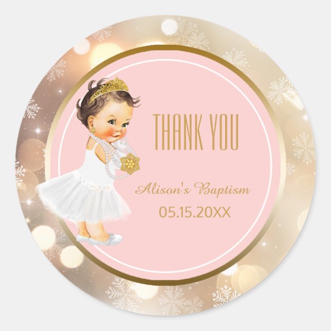 Baby Girl Winter Baptism Favor | Pink Gold Bokeh Classic Round Sticker (Front)