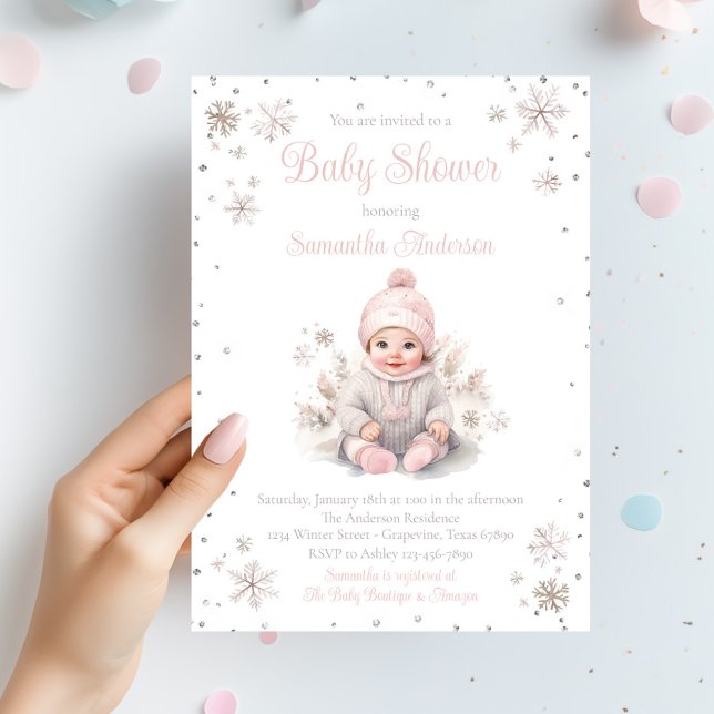 Baby Girl Winter Snowflake Baby Shower Invitation (Baby girl snowflake winter baby shower invitation. Simply add your event details.)