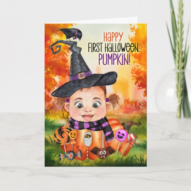 Baby Girl Witch's First Halloween Holiday Card (Front)