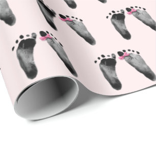 Baby Girl with Bow Footprints Wrapping Paper