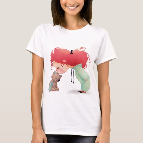 baby girl with red curled hairs kiss her teddy bea T_Shirt