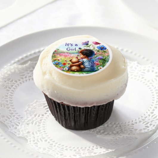 Baby Girl with Teddy Bear Baby Shower It's a Girl Edible Frosting Rounds (Cupcake)