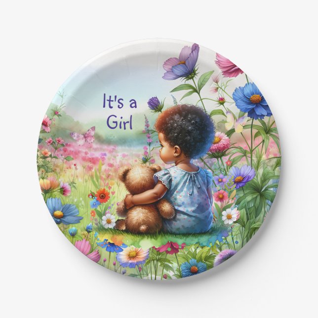 Baby Girl with Teddy Bear Baby Shower It's a Girl Paper Plates (Front)