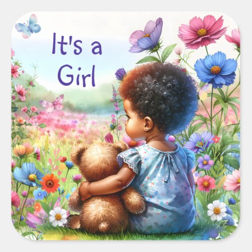Baby Girl with Teddy Bear Baby Shower Its a Girl Square Sticker