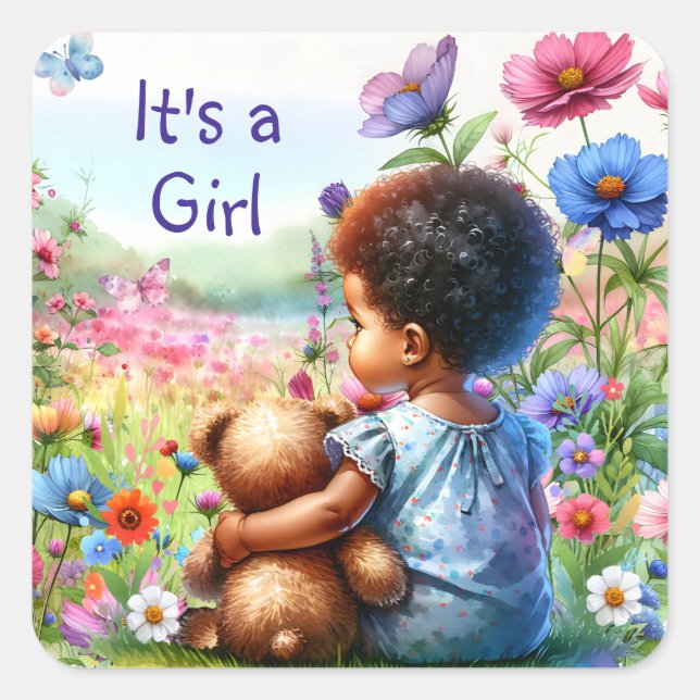 Baby Girl with Teddy Bear Baby Shower It's a Girl Square Sticker (Front)