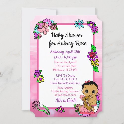 Baby Girl with Teddy Bear Pink Baby Shower Ethnic Invitation