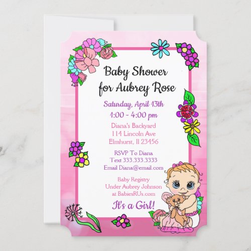 Baby Girl with Teddy Bear Pink Baby Shower Floral Invitation