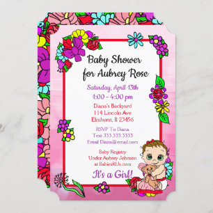 Baby Girl with Teddy Bear Pink Baby Shower Invitation
